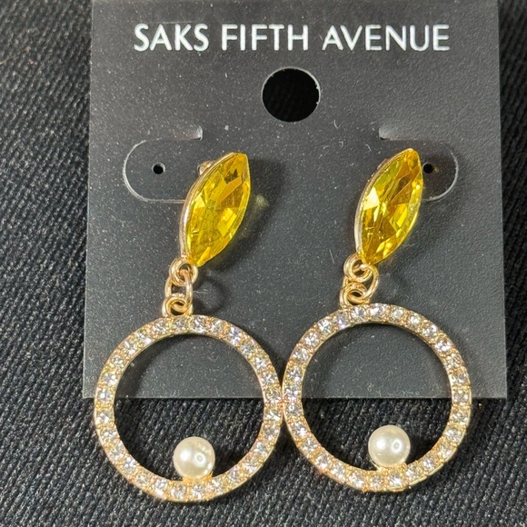 Saks Fifth Ave Yellow Marquis Crystal Post Drop Pave Crystal Circle w/Faux Pearl - Picture 1 of 8
